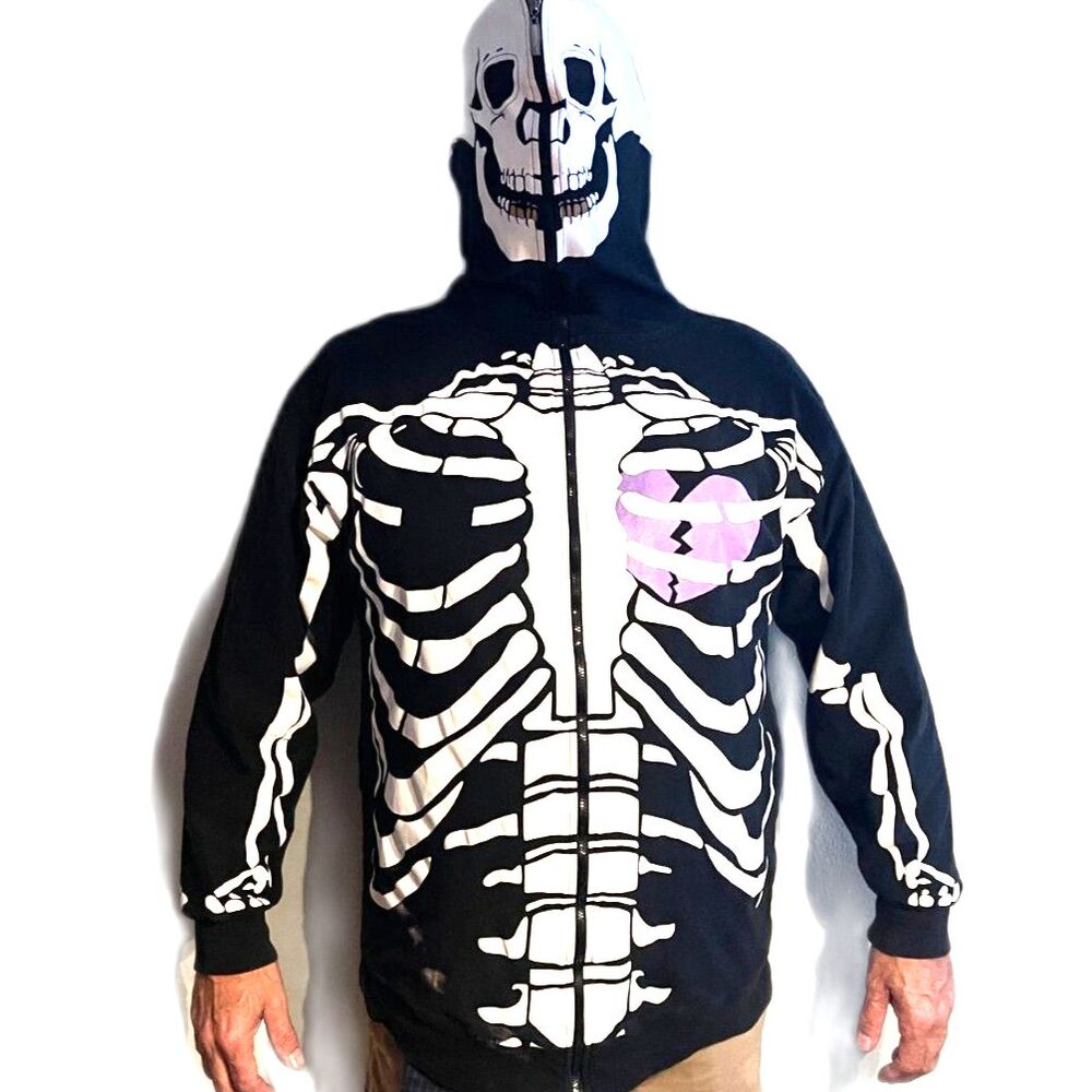 LRG Dead Serious Zip Up Skeleton Hoodie Size Men's XL Black & White Glow in Dark
